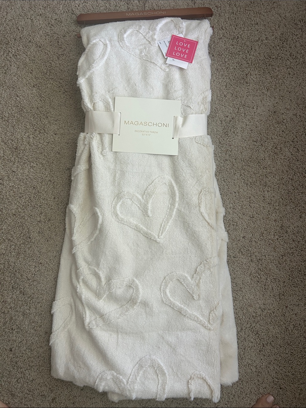 Magaschoni Cream Polyester Throw with Raised Heart Motif (VERY SOFT)